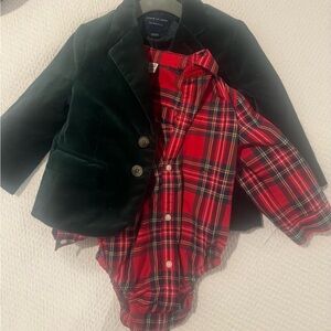Janie and Jack Velvet Blazer and Plaid Bodysuit Set with hat